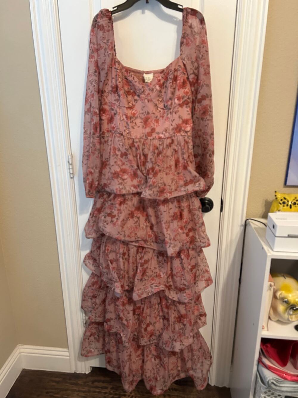 If by Sea Long Sleeve Chifon Tiered Maxi Floral Dress Large